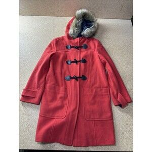Boden Red Wool Blend Toggle Coat Faux Fur Hood Women US 8 UK 12